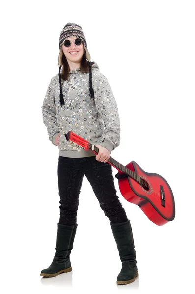 Jovem menina otimista segurando guitarra isolada no branco — Fotografia de Stock