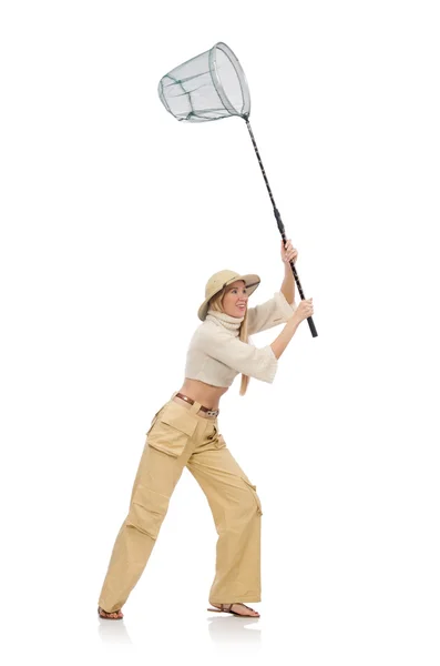 Жінка з ловлею сіткою ізольована на білому — стокове фото