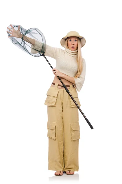 Жінка з ловлею сіткою ізольована на білому — стокове фото