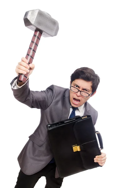 Business man holding hammer isolated on white — Stock Photo, Image