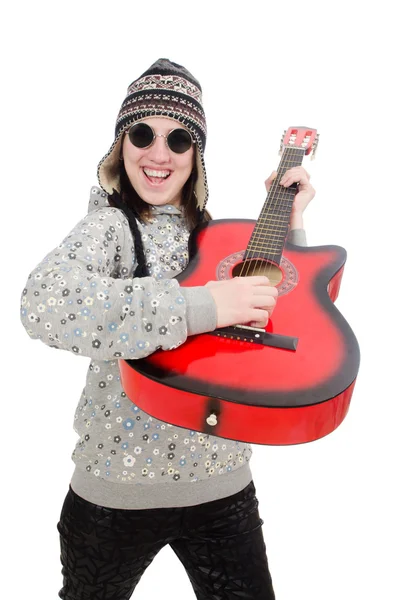 Jovem menina otimista segurando guitarra isolada no branco — Fotografia de Stock