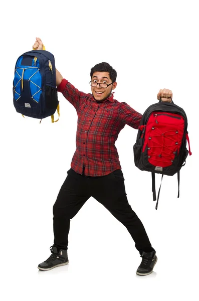 Young man with bags isolated on white — Stock Photo, Image