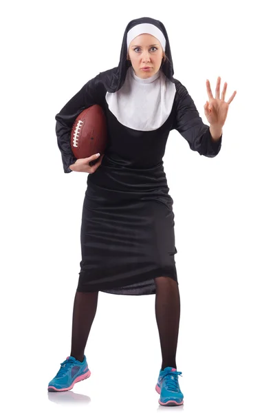 Bonita monja con pelota de rugby aislada en blanco —  Fotos de Stock