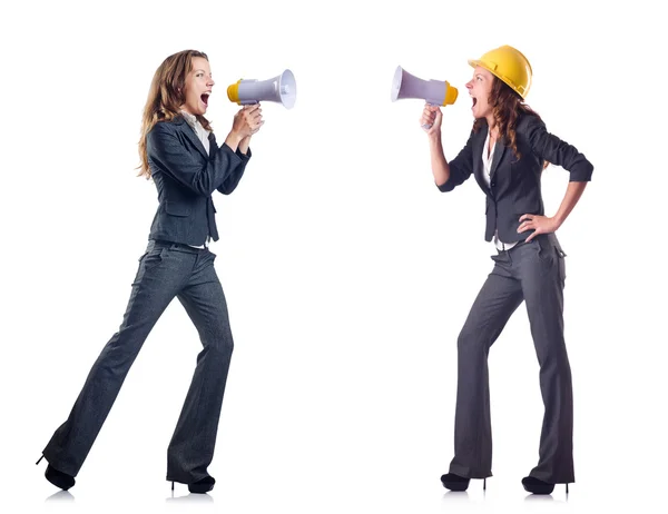 Businessladies met luidsprekers geïsoleerd op wit — Stockfoto