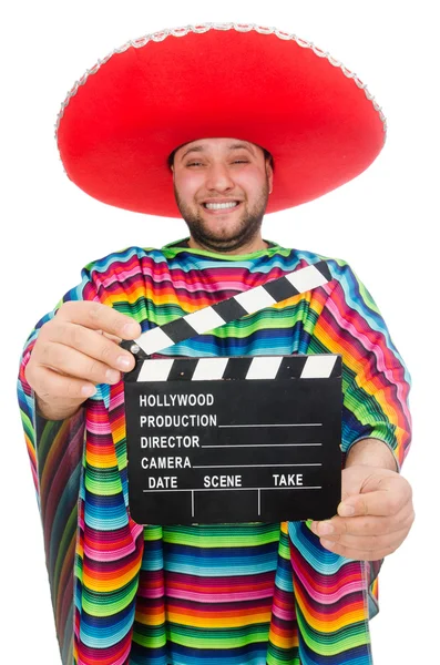 Mexicano engraçado com clapper-board isolado em branco — Fotografia de Stock