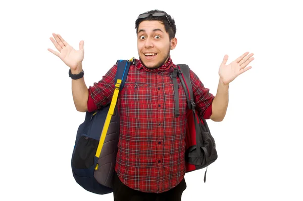 Junger Mann mit Taschen auf weißem Grund — Stockfoto