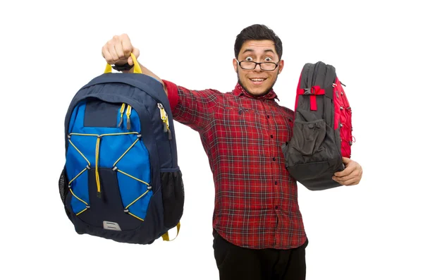 Jovem com sacos isolados em branco — Fotografia de Stock