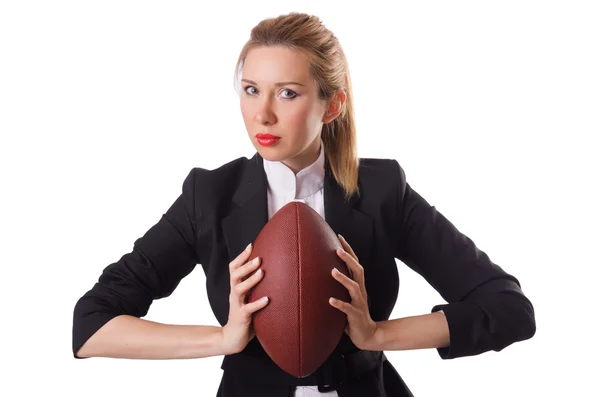 Preety office employee with rugby ball isolated on white — Stock Photo, Image