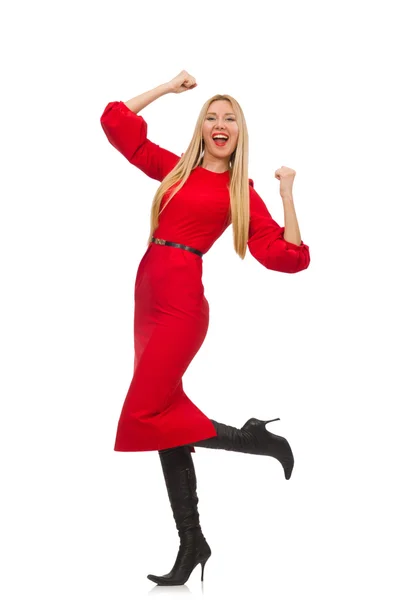 Beautiful woman in red long dress isolated on white — Stock Photo, Image