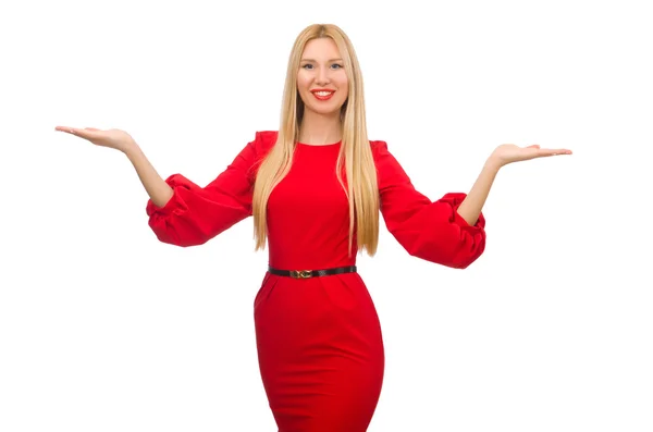 Schöne Frau in rotem langen Kleid isoliert auf weiß — Stockfoto