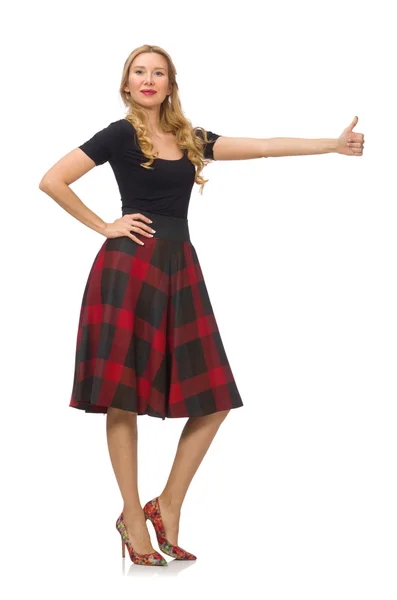 Beautiful young woman in plaid dress isolated on white — Stock Photo, Image