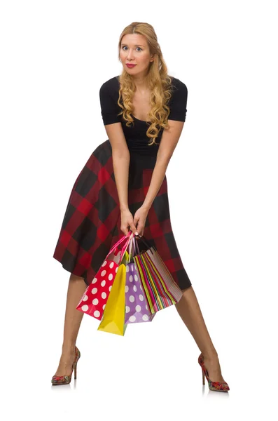 Beautiful young woman in plaid dress isolated on white — Stock Photo, Image