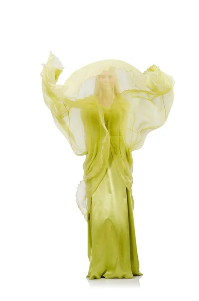Mooi meisje in elegant groen jurk geïsoleerd op wit — Stockfoto