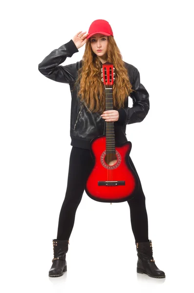 Menina bonita com guitarra isolada no branco — Fotografia de Stock