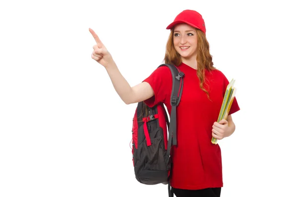 Jolie fille avec sac à dos isolé sur blanc — Photo