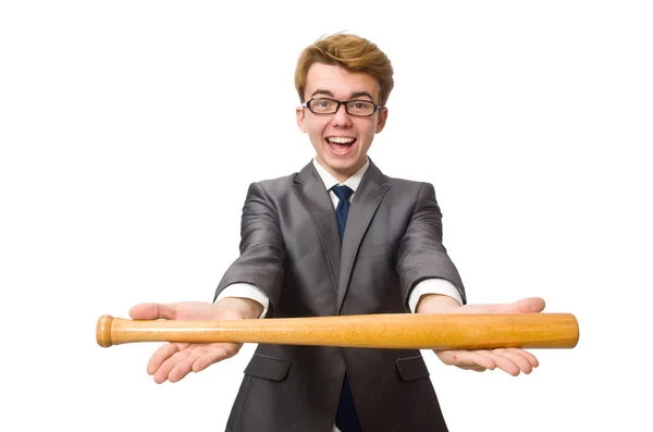 Young businessman with baseball bat isolated on white — Stock Photo, Image