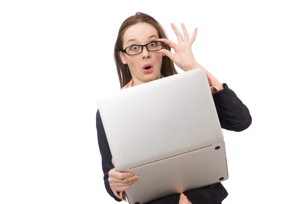 带着笔记本电脑隔离在白色电脑上的职业女性 免版税图库照片