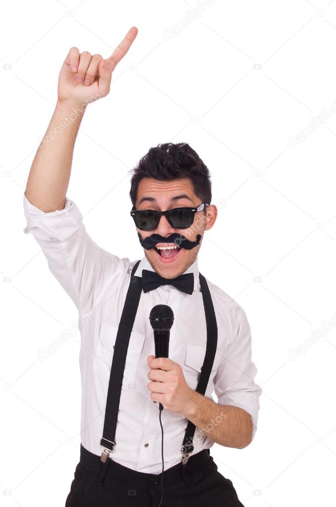 Funny man with mic isolated on white