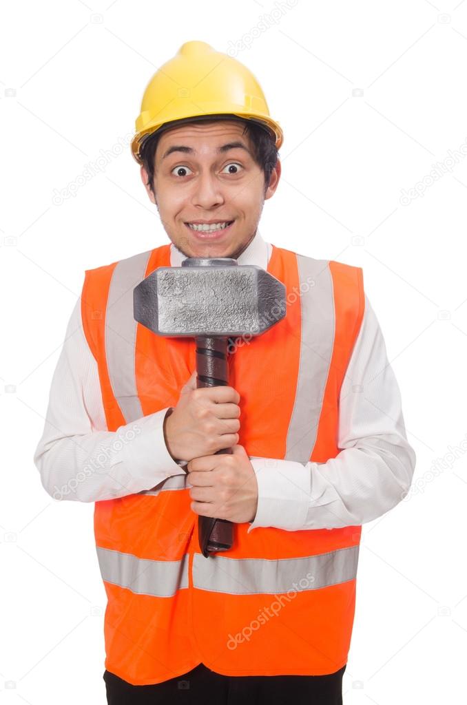 Construction worker with hammer isolated on white