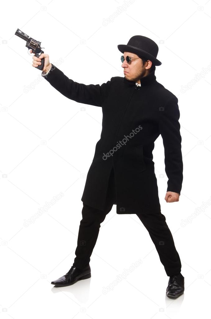 Young man with gun isolated on white