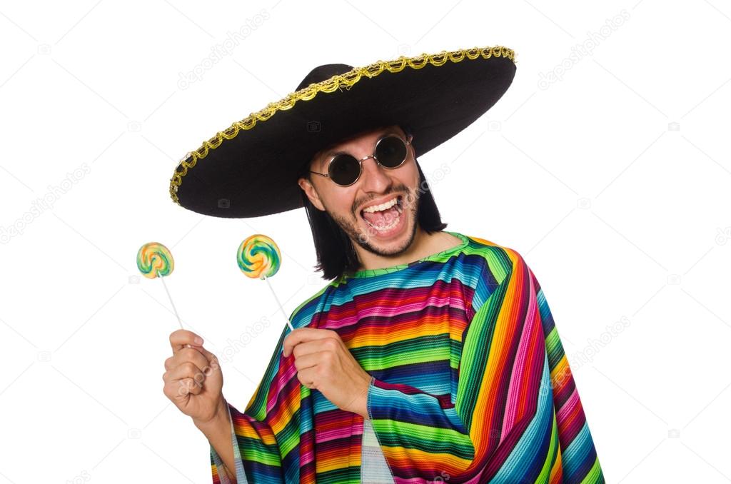 Handsome man in vivid poncho holding lollypop isolated on white
