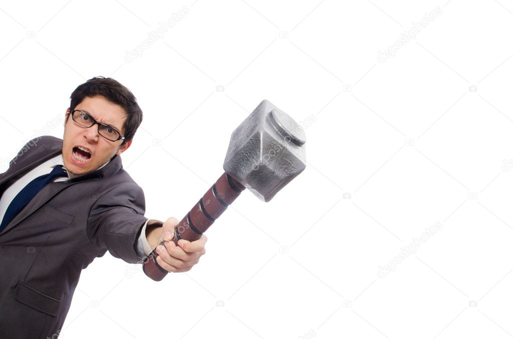 Business man holding hammer isolated on white