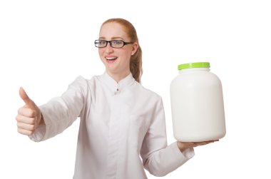 Young female doctor holding jar of protein isolated on white clipart