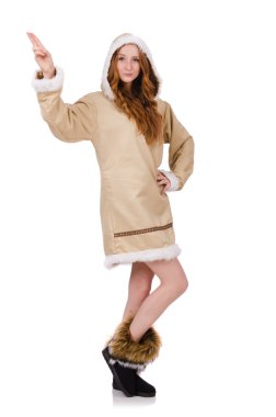 Eskimo kız beyaz izole tüm Kürk Giyim Eşyası