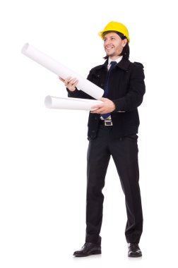 Genç inşaat mimarı beyazın üzerinde izole edilmiş.