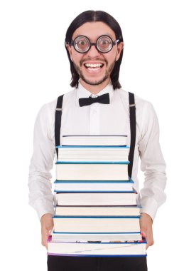 Kitapları beyaza saklanmış komik bir öğrenci.
