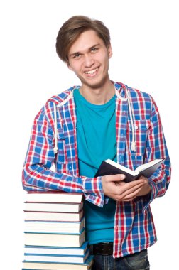 Kitapları beyaza saklanmış komik bir öğrenci.