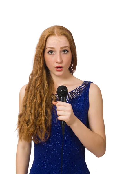 Menina de cabelo vermelho bonito em vestido azul isolado no branco — Fotografia de Stock