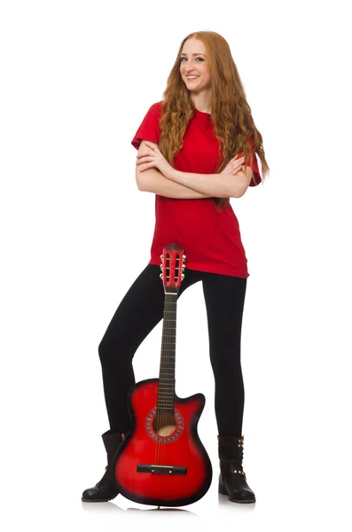 Mooi meisje met gitaar geïsoleerd op wit — Stockfoto