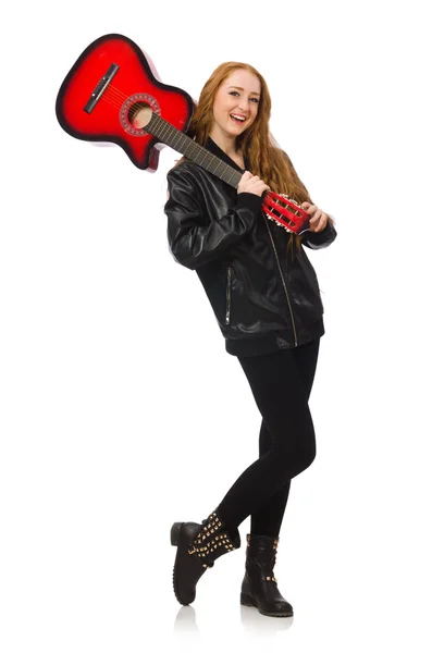 Mooi meisje met gitaar geïsoleerd op wit — Stockfoto