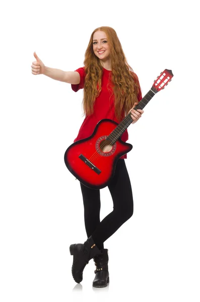 Söt flicka med gitarr isolerad på vit — Stockfoto