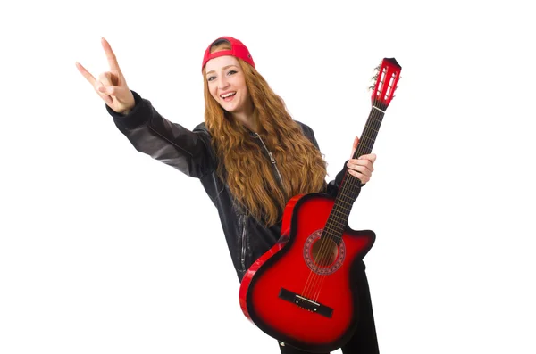 Hübsches Mädchen mit Gitarre isoliert auf weiß — Stockfoto