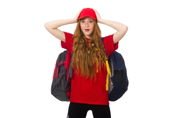 Chica bonita con mochila aislada en blanco — Foto de Stock