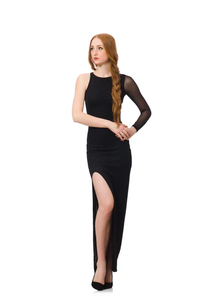 Ung dam i elegant svart klänning isolerad på vit — Stockfoto