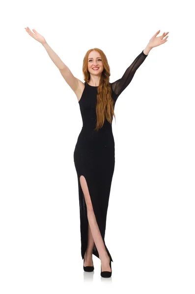 Jonge dame in elegante zwarte jurk geïsoleerd op wit — Stockfoto