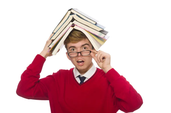 Estudiante divertido con libros aislados en blanco —  Fotos de Stock