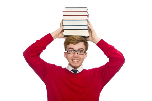Vtipný student s knihami izolované na bílém — Stock fotografie