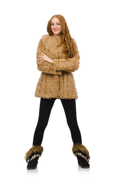 Redhead girl in fur coat isolated on white — Stock Photo, Image
