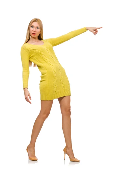 Ładna dziewczyna w żółtej sukience na białym tle — Zdjęcie stockowe