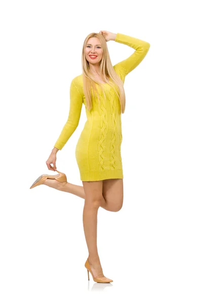 Söt flicka i gul klänning isolerad på vit — Stockfoto