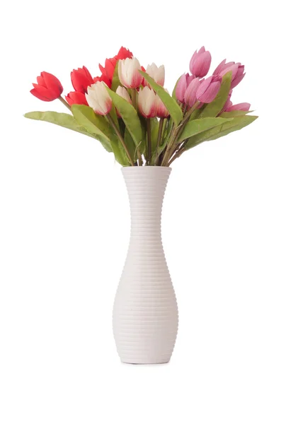 Vase mit bunten Tulpen auf weißem Grund — Stockfoto