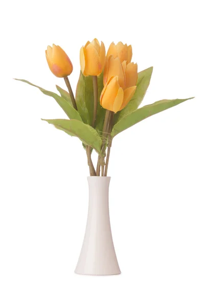 Vaso con tulipani colorati su bianco — Foto Stock
