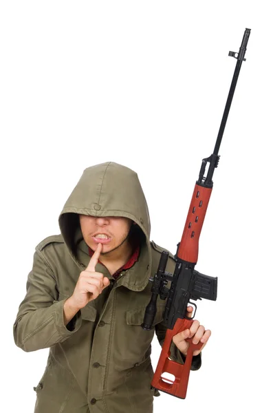 Homme avec un pistolet isolé sur blanc — Photo