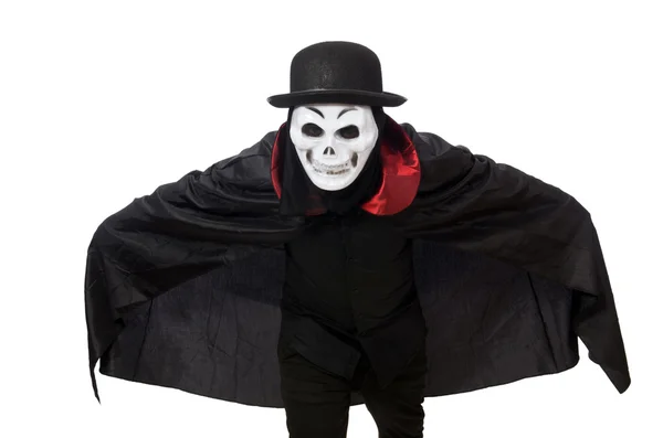 Uomo in costume horror con maschera isolata su bianco — Foto Stock