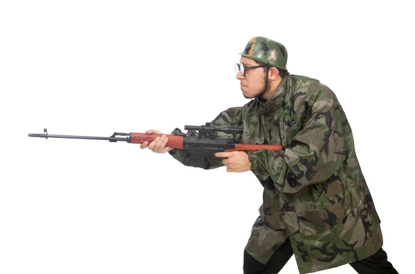 Militar con un arma aislada en blanco — Foto de Stock