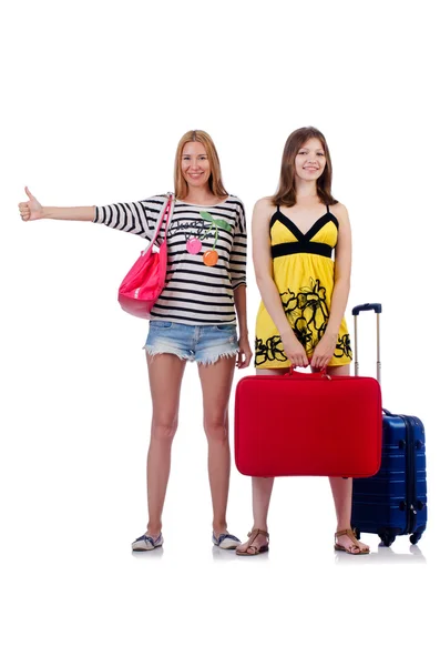 Meninas em roupas de verão com sacos isolados em branco — Fotografia de Stock